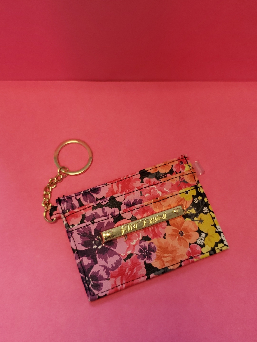 Betsey Johnson Floral Card Holder Keychain in Pink, Purple, Yellow